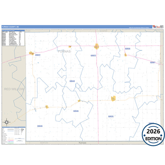 Furnas County, NE Business Reference 5 Digit ZIP Code Wall Map