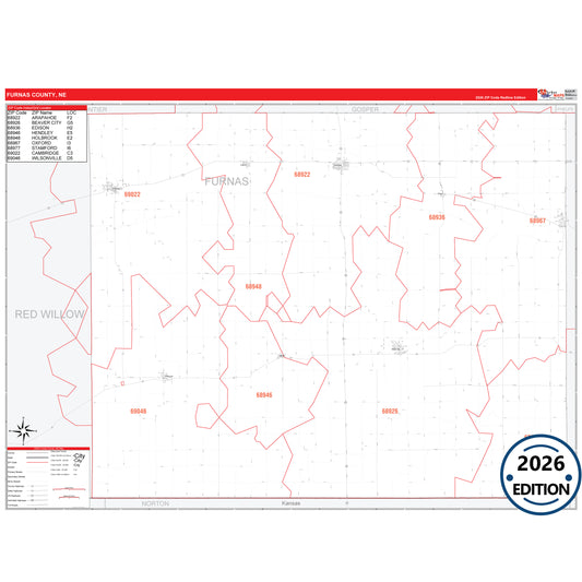 Furnas County, NE Red Line 5 Digit ZIP Code Wall Map