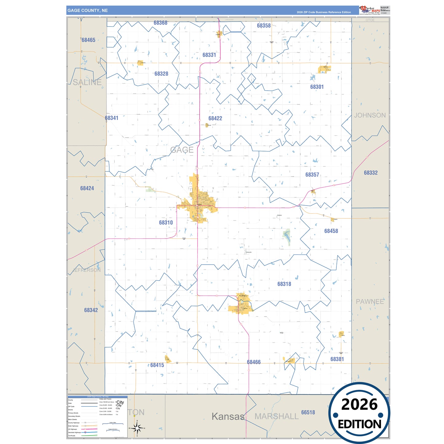 Gage County, NE Business Reference 5 Digit ZIP Code Wall Map