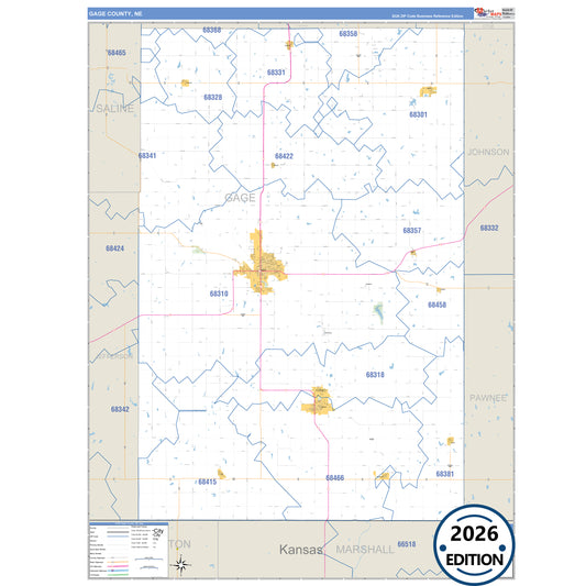 Gage County, NE Business Reference 5 Digit ZIP Code Wall Map