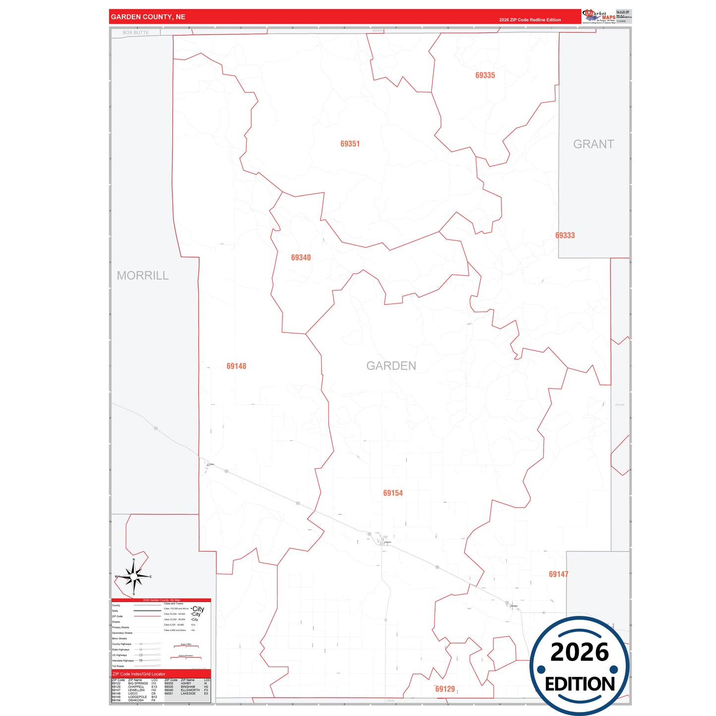 Garden County, NE Red Line 5 Digit ZIP Code Wall Map