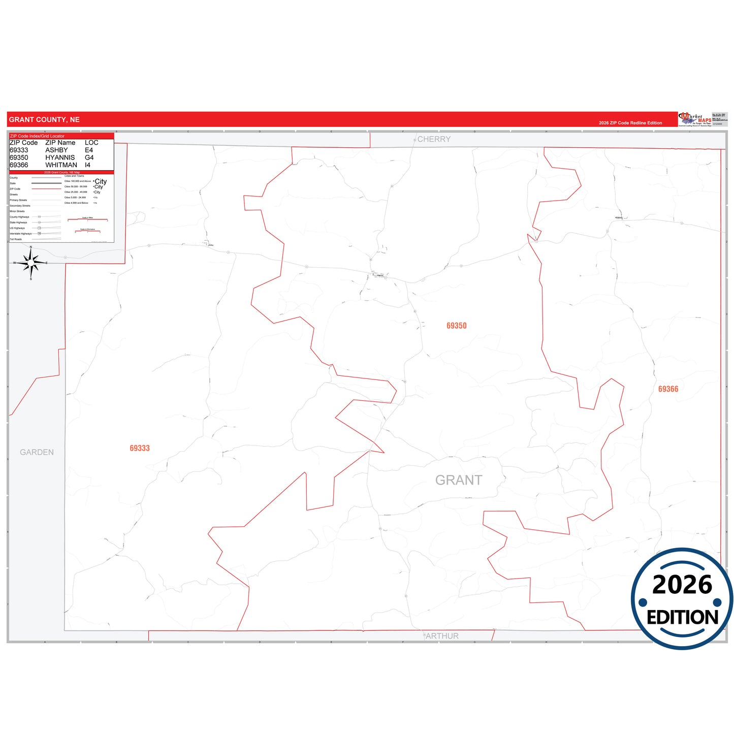 Grant County, NE Red Line 5 Digit ZIP Code Wall Map