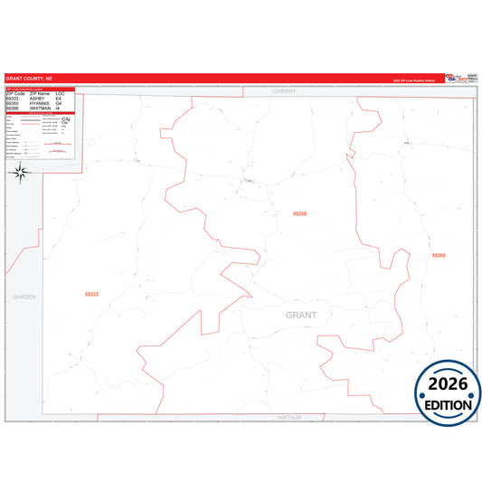 Grant County, NE Red Line 5 Digit ZIP Code Wall Map