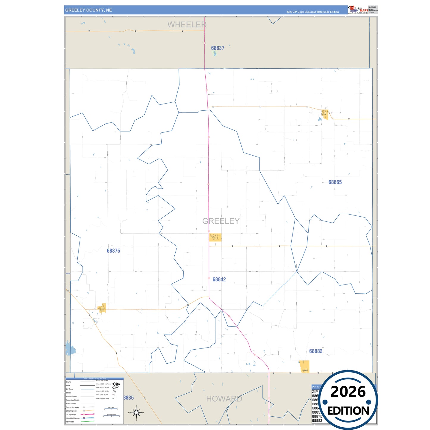 Greeley County, NE Business Reference 5 Digit ZIP Code Wall Map