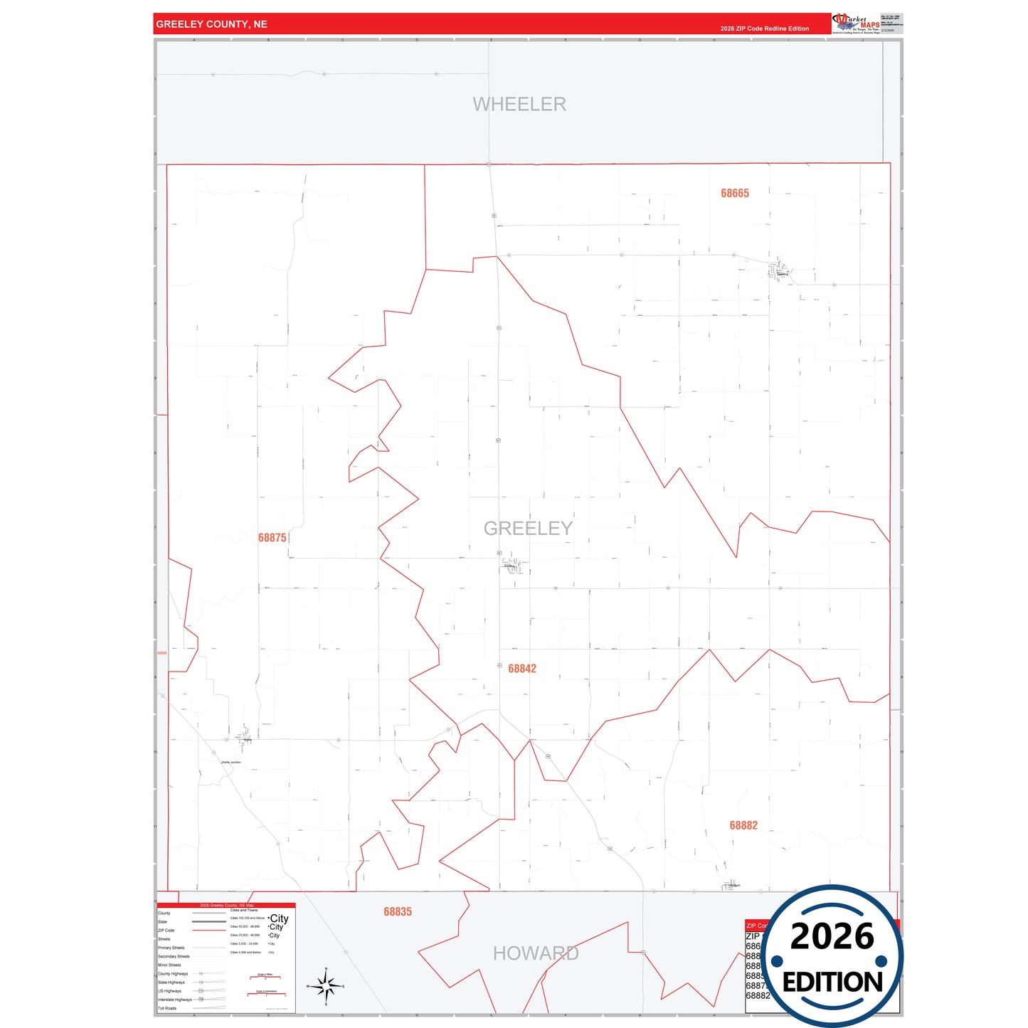 Greeley County, NE Red Line 5 Digit ZIP Code Wall Map