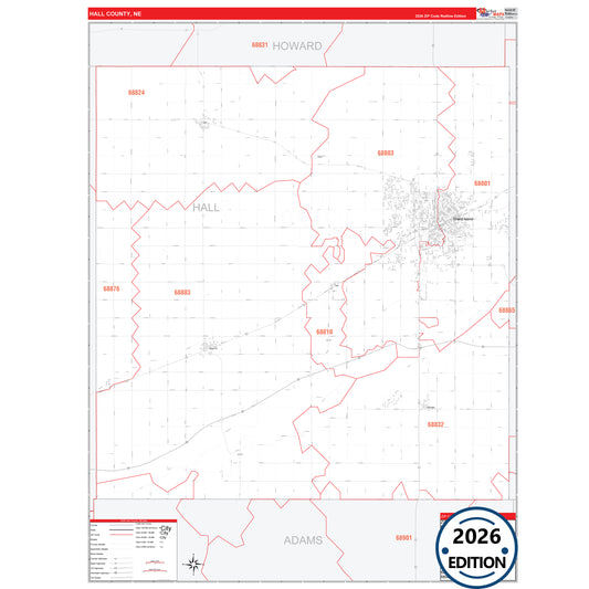 Hall County, NE Red Line 5 Digit ZIP Code Wall Map
