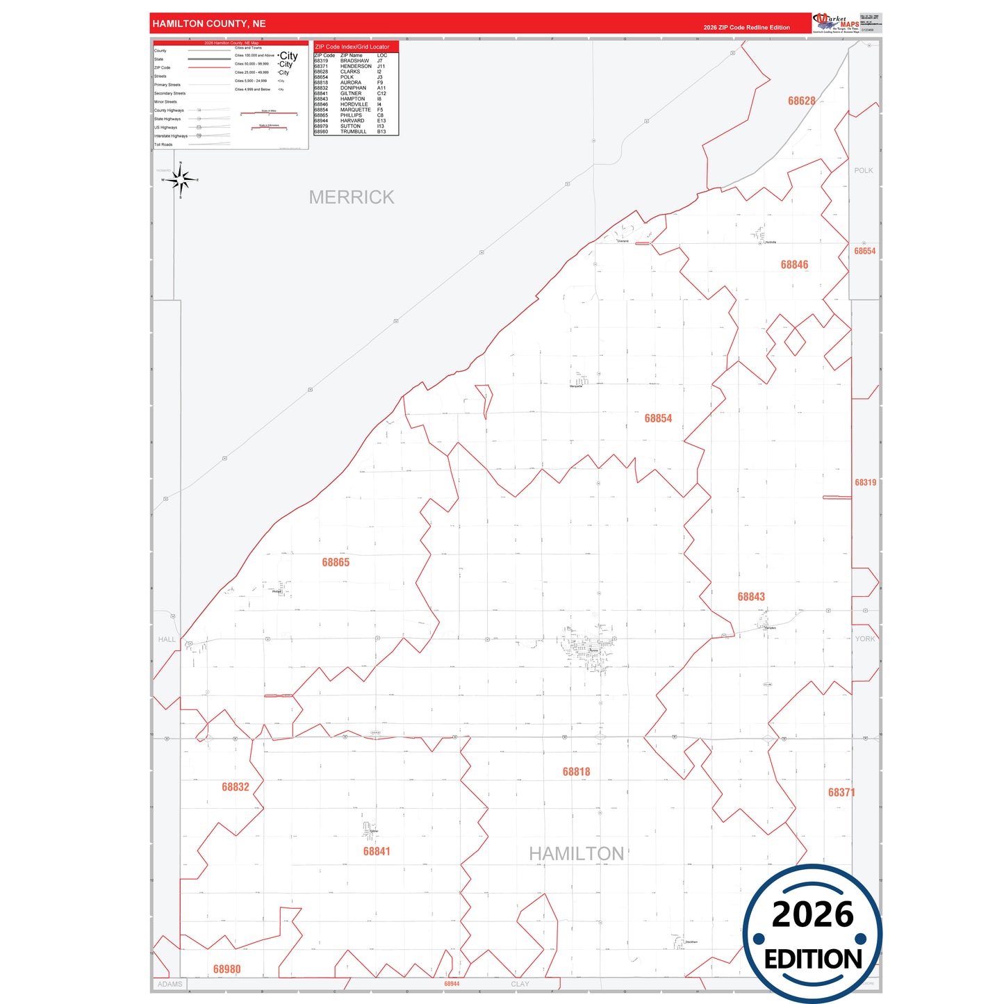 Hamilton County, NE Red Line 5 Digit ZIP Code Wall Map