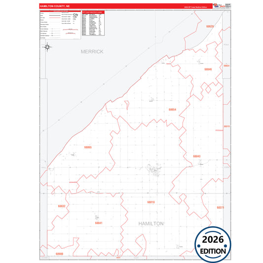 Hamilton County, NE Red Line 5 Digit ZIP Code Wall Map