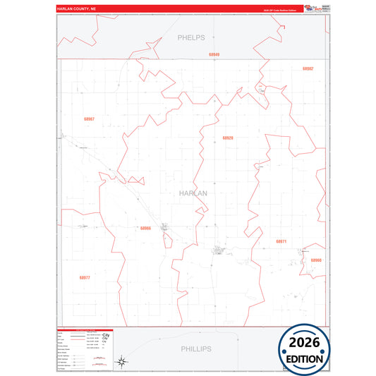 Harlan County, NE Red Line 5 Digit ZIP Code Wall Map