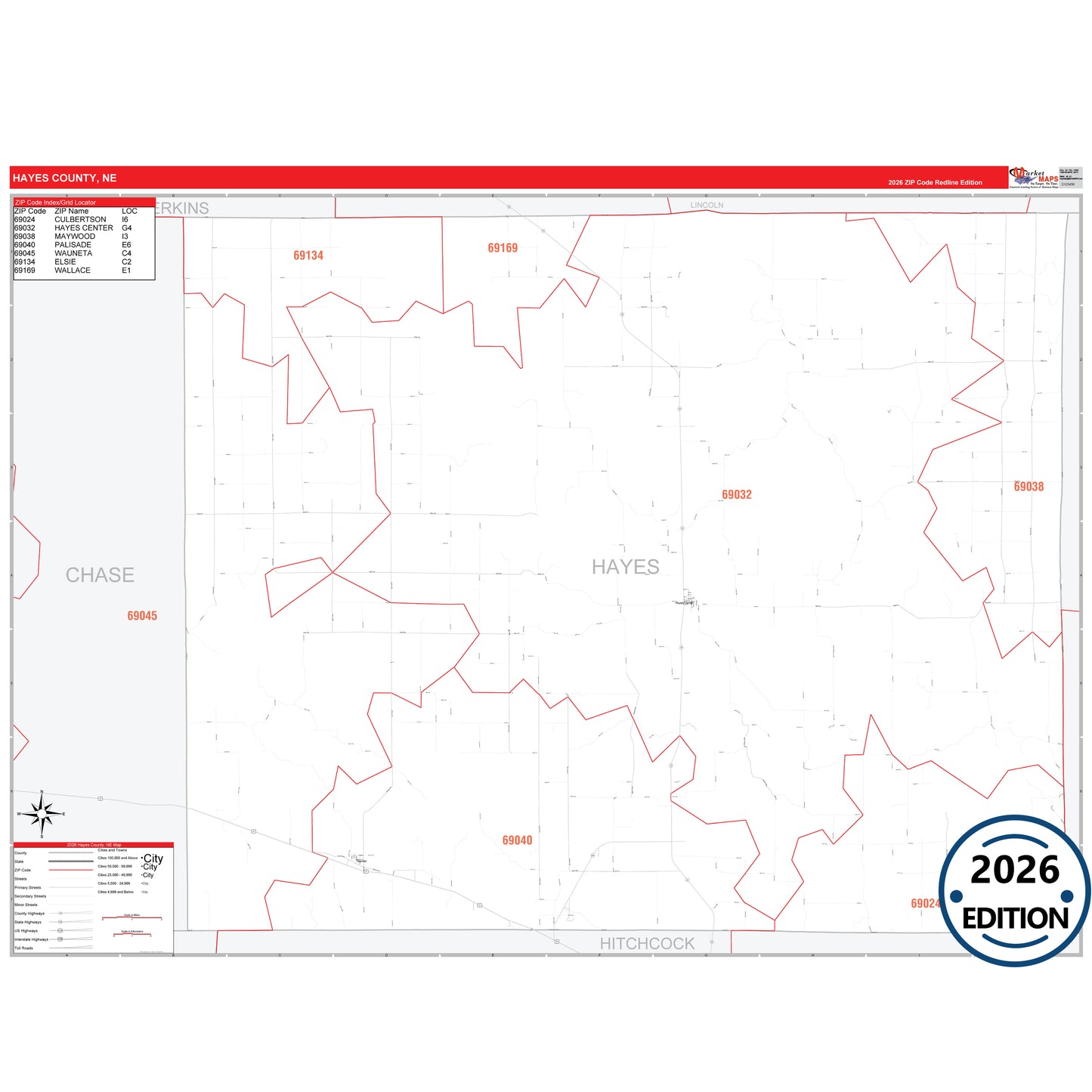 Hayes County, NE Red Line 5 Digit ZIP Code Wall Map