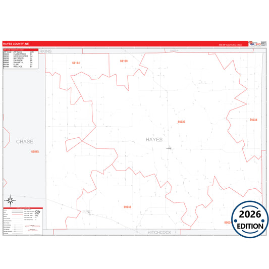 Hayes County, NE Red Line 5 Digit ZIP Code Wall Map