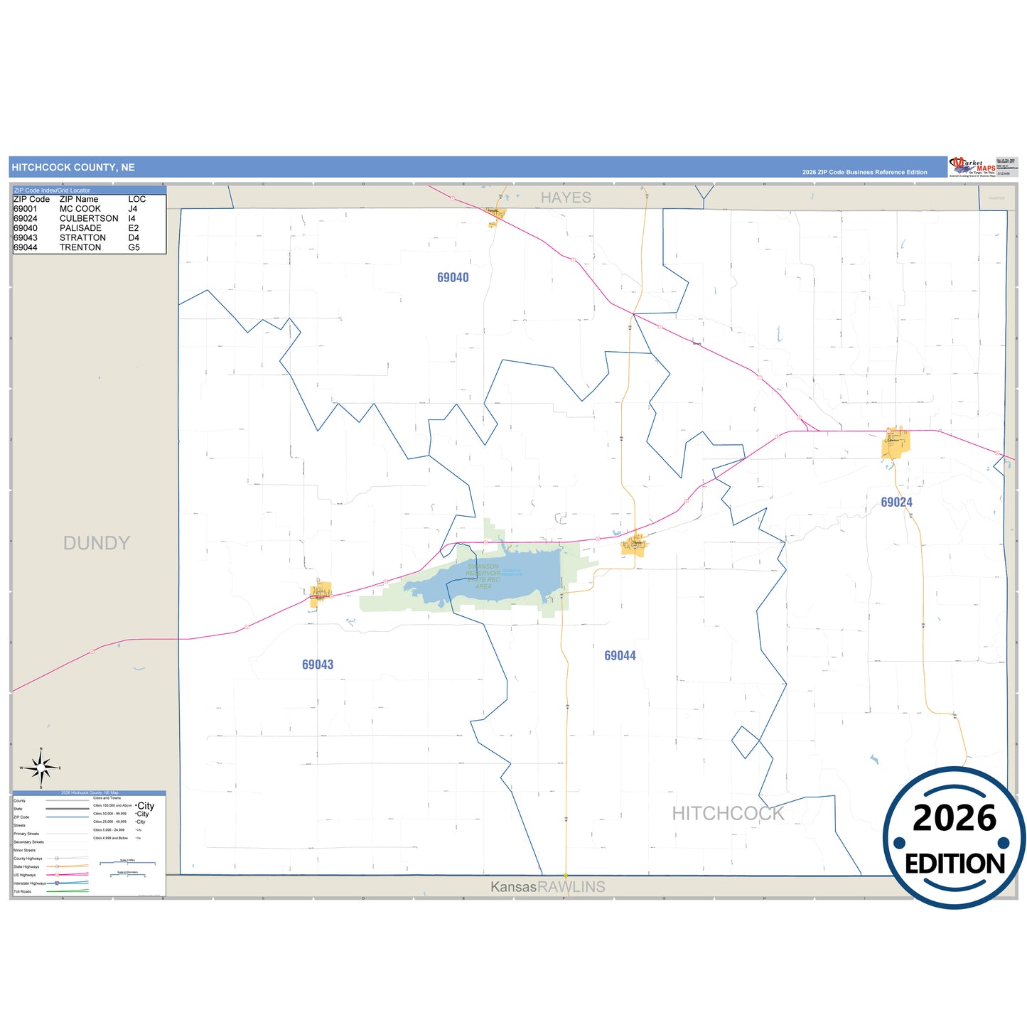 Hitchcock County, NE Business Reference 5 Digit ZIP Code Wall Map