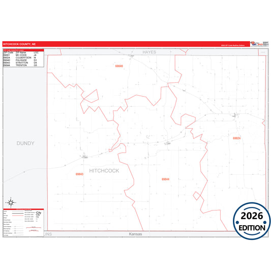 Hitchcock County, NE Red Line 5 Digit ZIP Code Wall Map