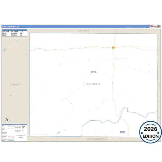 Hooker County, NE Business Reference 5 Digit ZIP Code Wall Map
