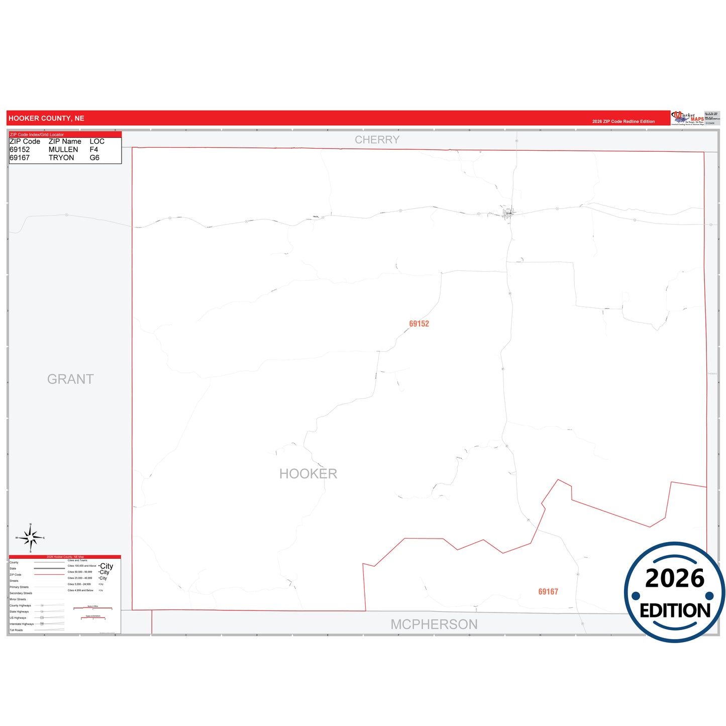 Hooker County, NE Red Line 5 Digit ZIP Code Wall Map
