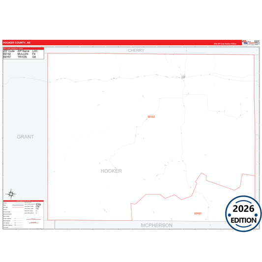Hooker County, NE Red Line 5 Digit ZIP Code Wall Map