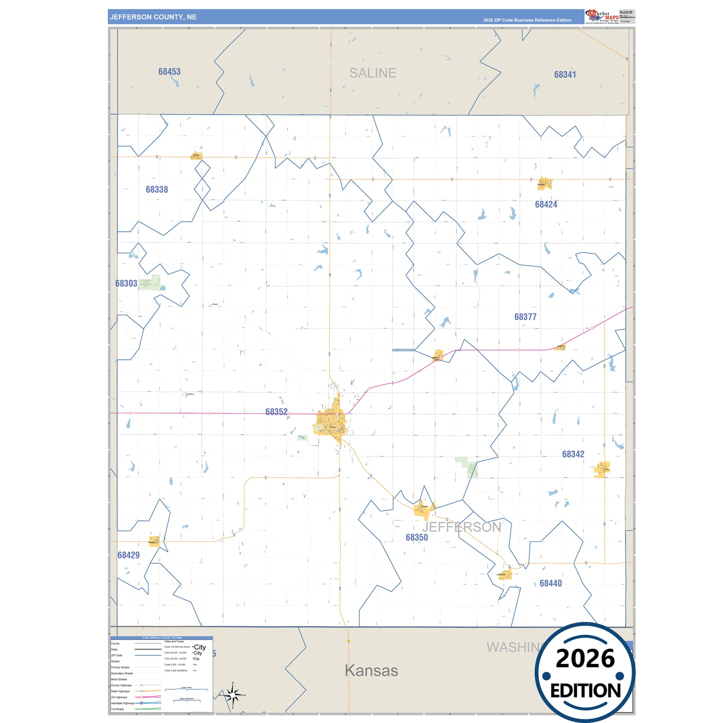 Jefferson County, NE Business Reference 5 Digit ZIP Code Wall Map