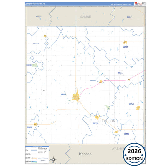 Jefferson County, NE Business Reference 5 Digit ZIP Code Wall Map