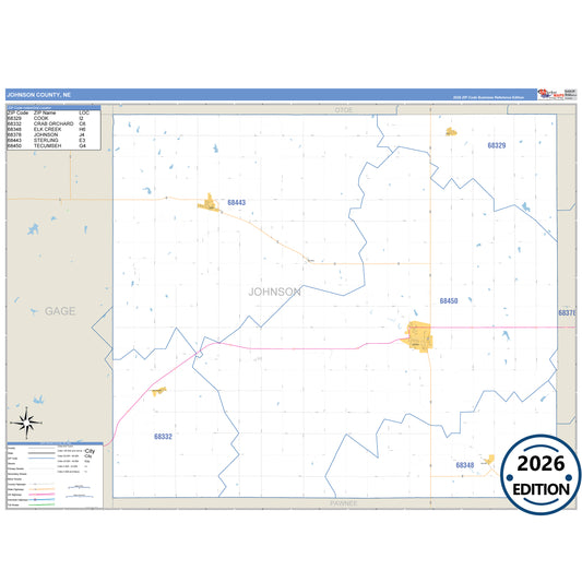 Johnson County, NE Business Reference 5 Digit ZIP Code Wall Map