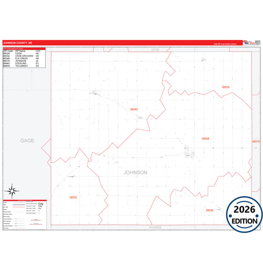 Johnson County, NE Red Line 5 Digit ZIP Code Wall Map