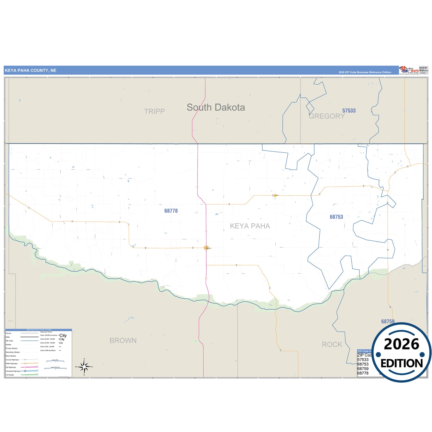 Keya Paha County, NE Business Reference 5 Digit ZIP Code Wall Map