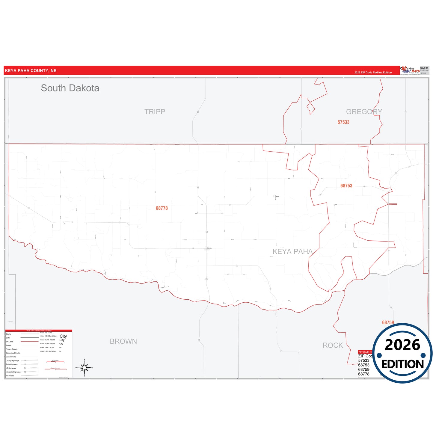 Keya Paha County, NE Red Line 5 Digit ZIP Code Wall Map