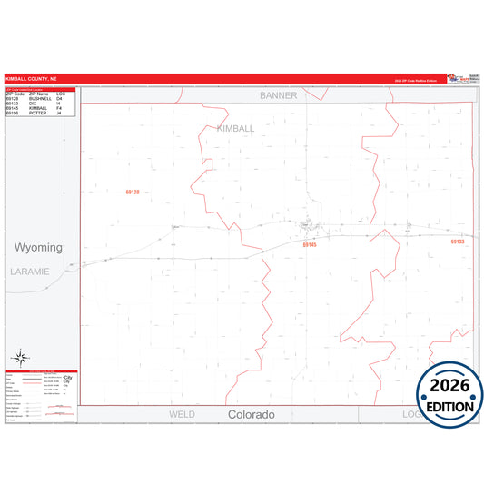 Kimball County, NE Red Line 5 Digit ZIP Code Wall Map