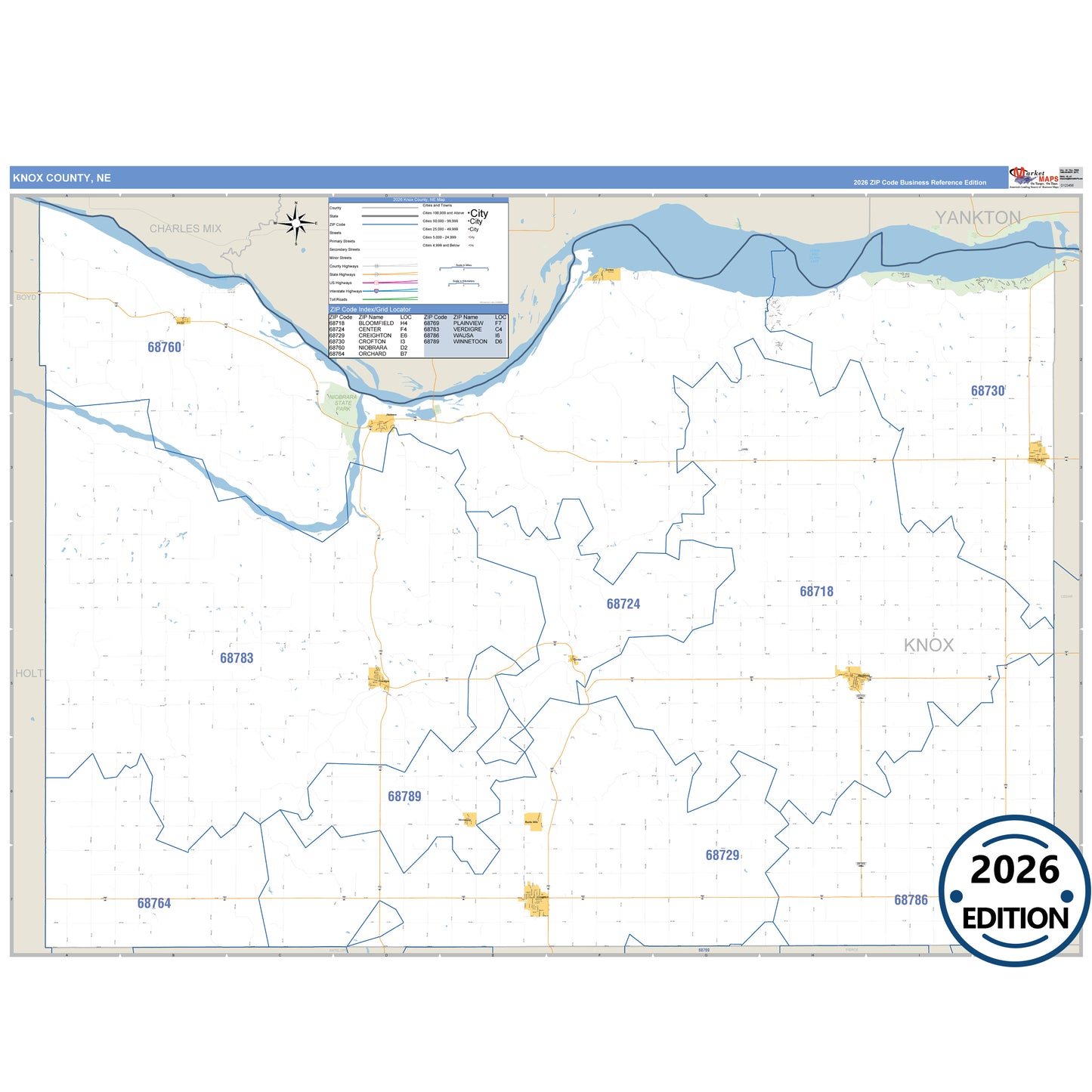 Knox County, NE Business Reference 5 Digit ZIP Code Wall Map