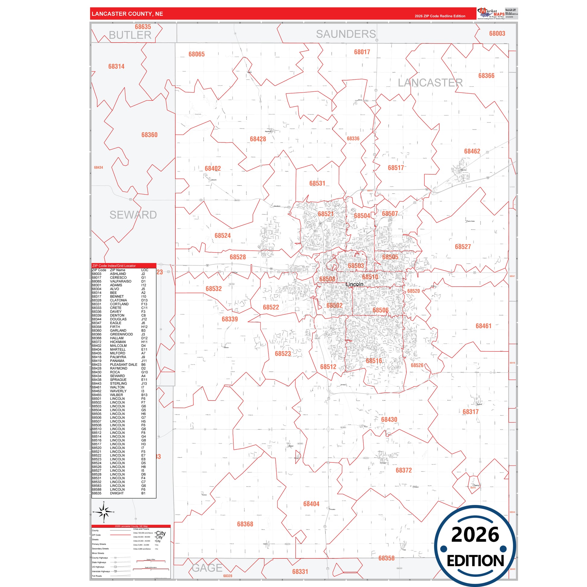 Lancaster County, NE Red Line map with detailed roads, cities, and ZIP code boundaries.