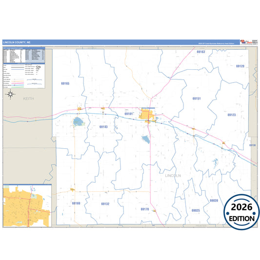 Lincoln County, NE Business Reference 5 Digit ZIP Code Wall Map