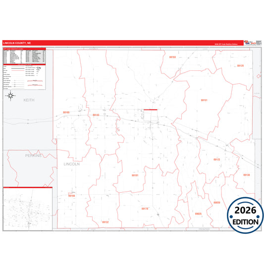 Lincoln County, NE Red Line 5 Digit ZIP Code Wall Map