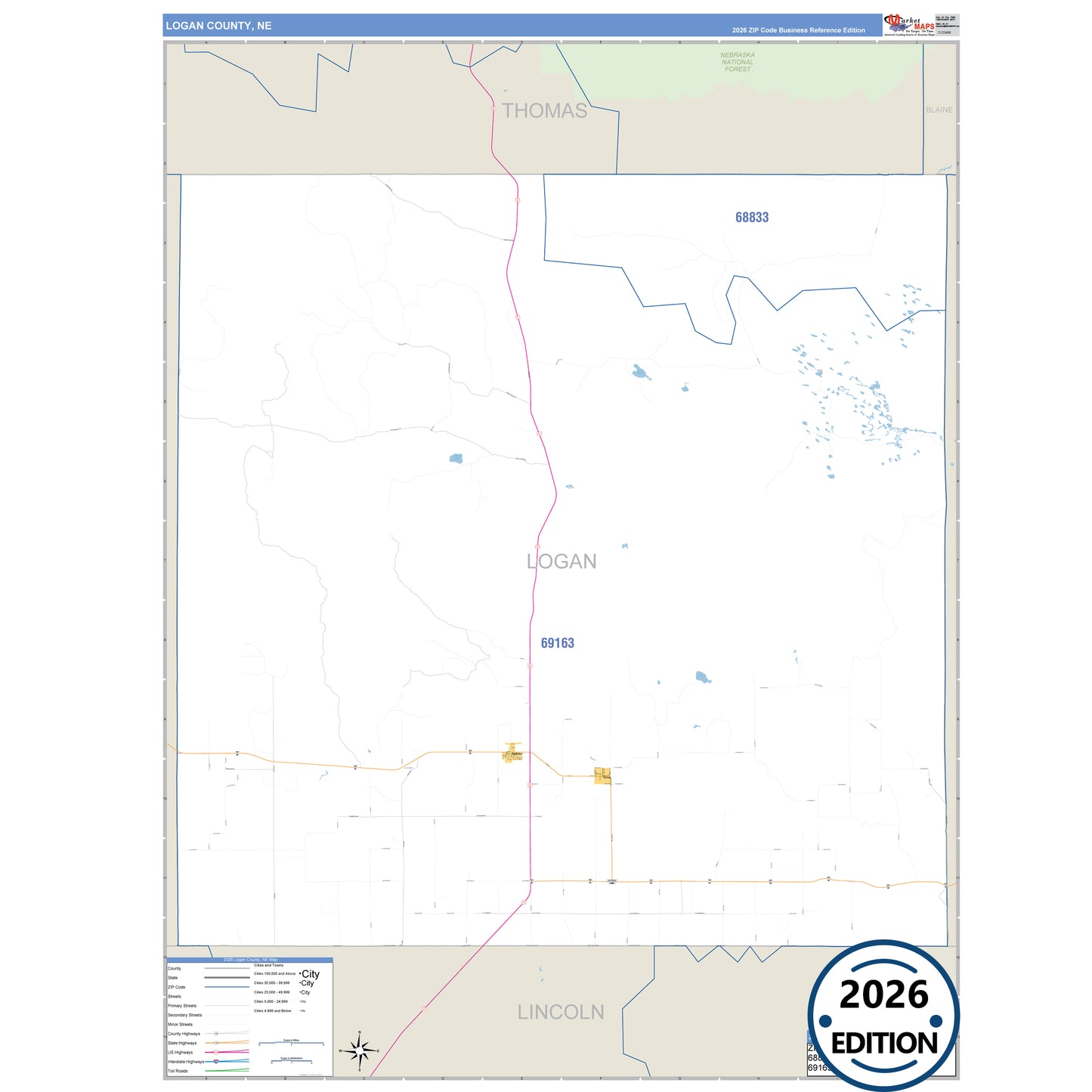 Logan County, NE Business Reference 5 Digit ZIP Code Wall Map