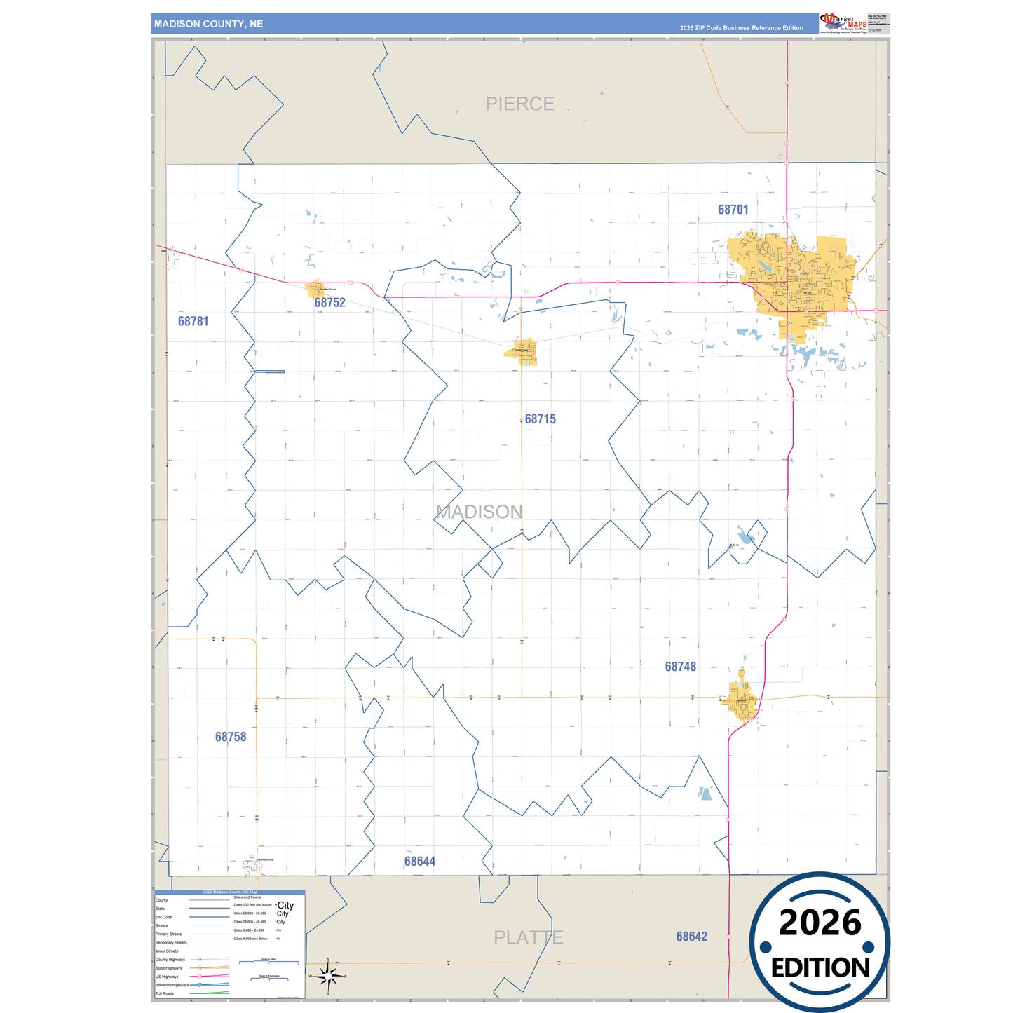 Madison County, NE Business Reference 5 Digit ZIP Code Wall Map
