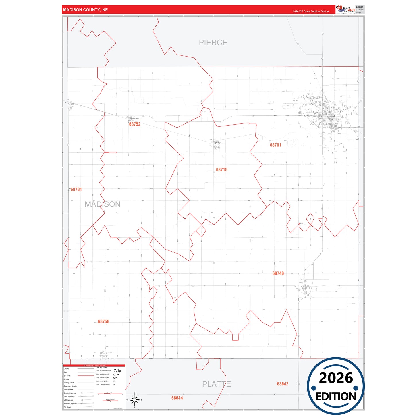 Madison County, NE Red Line 5 Digit ZIP Code Wall Map