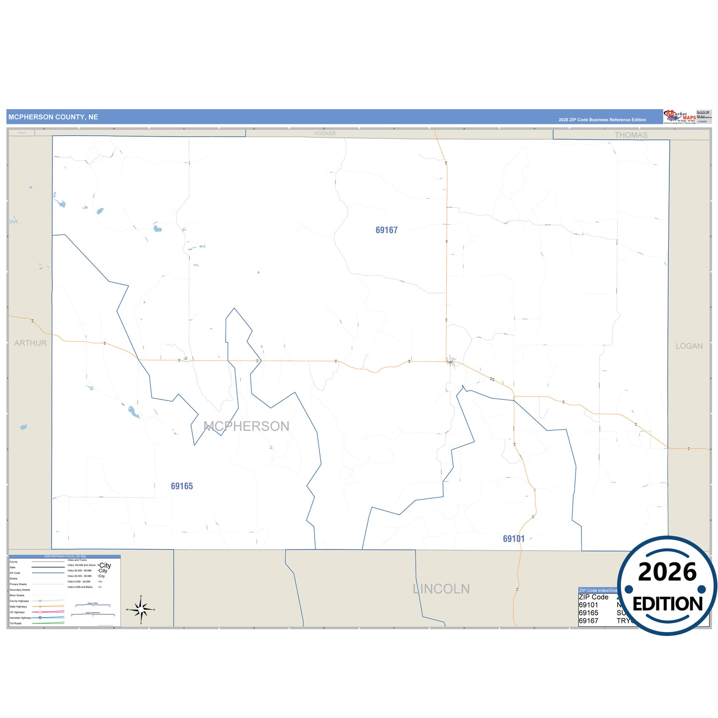 McPherson County, NE Business Reference 5 Digit ZIP Code Wall Map