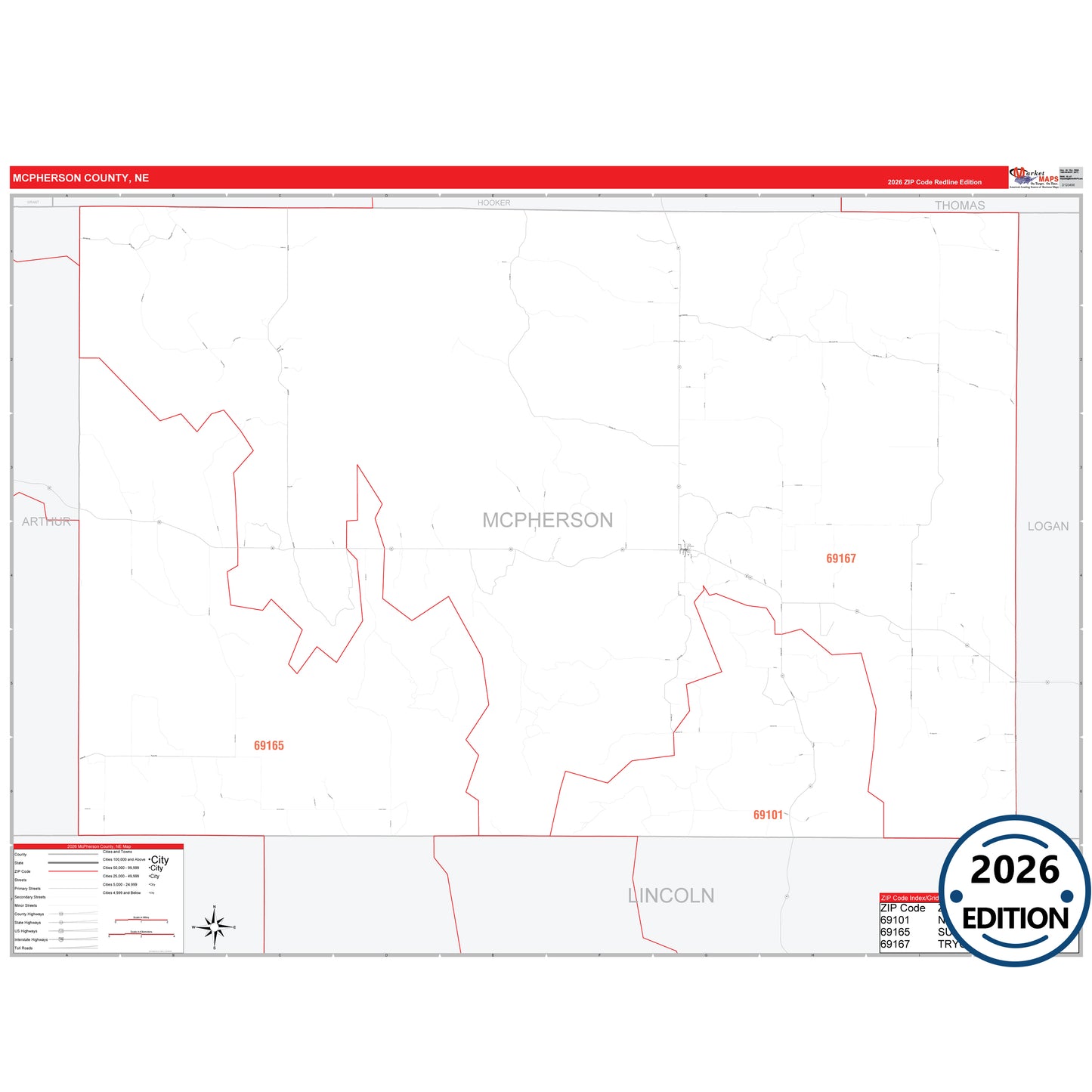 McPherson County, NE Red Line 5 Digit ZIP Code Wall Map
