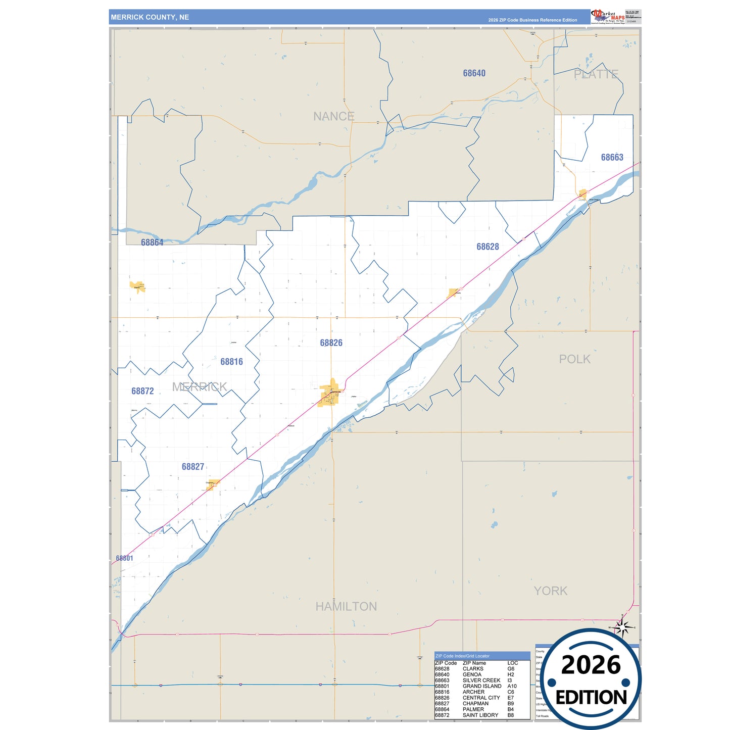 Merrick County, NE Business Reference 5 Digit ZIP Code Wall Map
