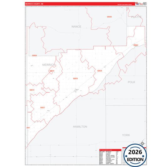 Merrick County, NE Red Line 5 Digit ZIP Code Wall Map