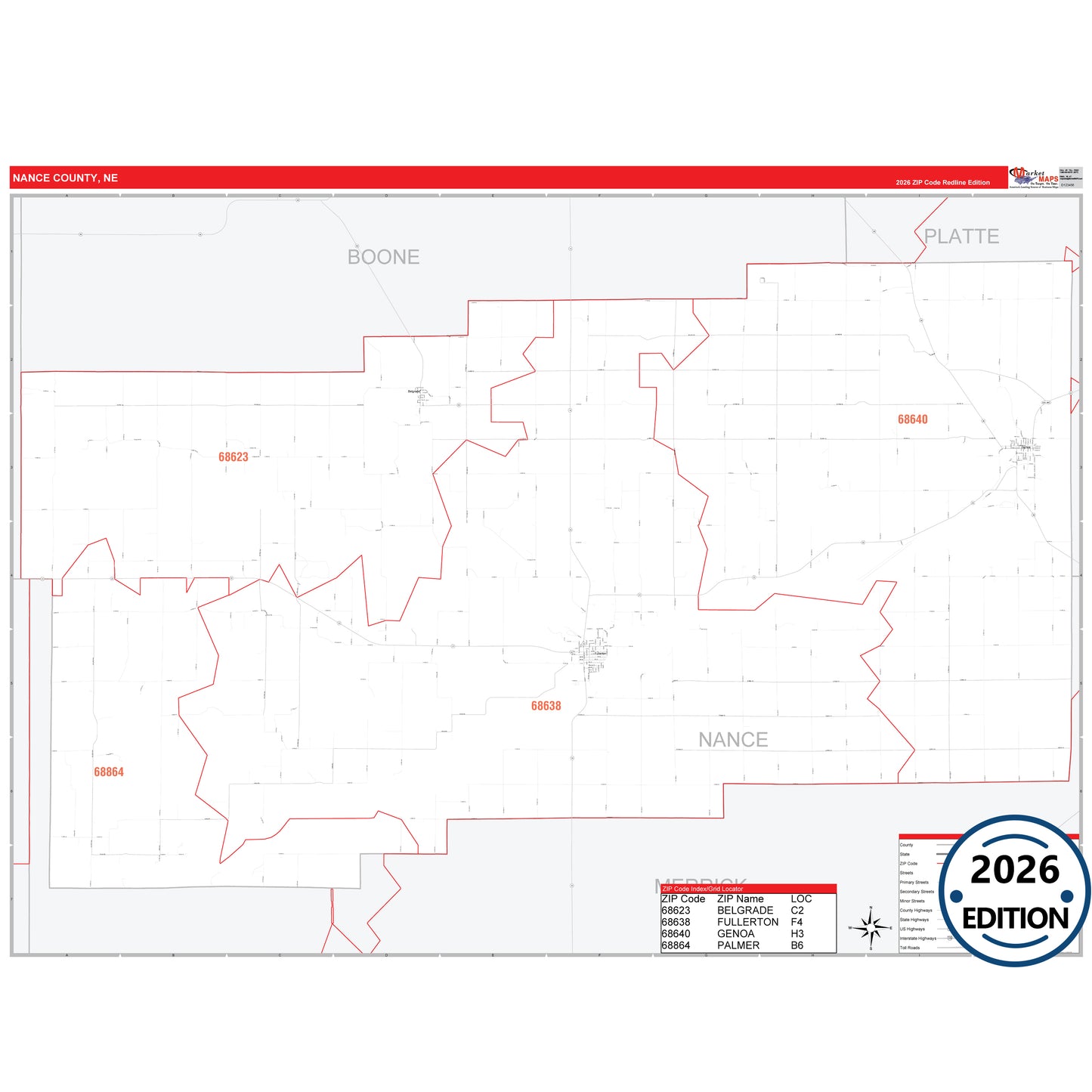 Nance County, NE Red Line 5 Digit ZIP Code Wall Map