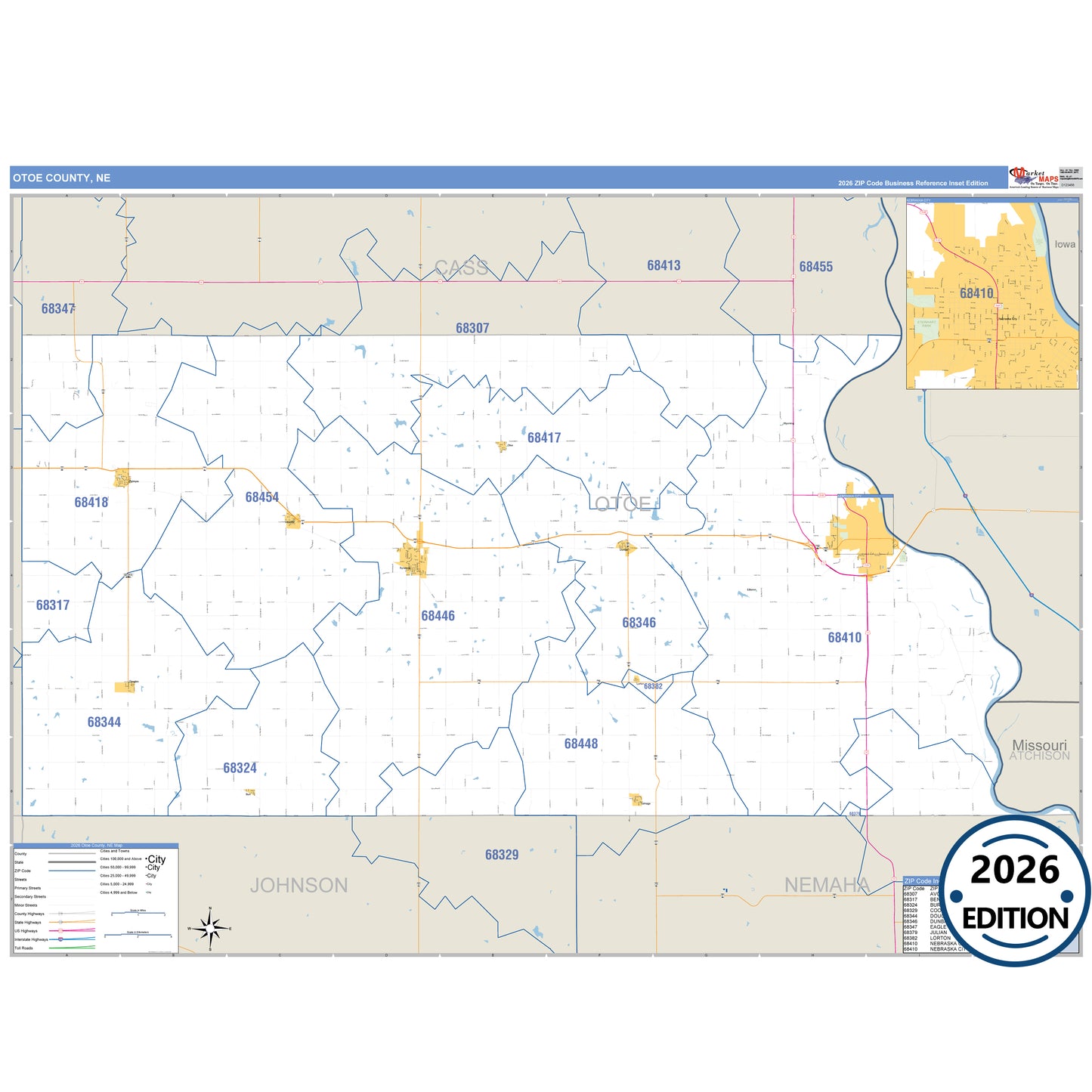 Otoe County, NE Business Reference 5 Digit ZIP Code Wall Map