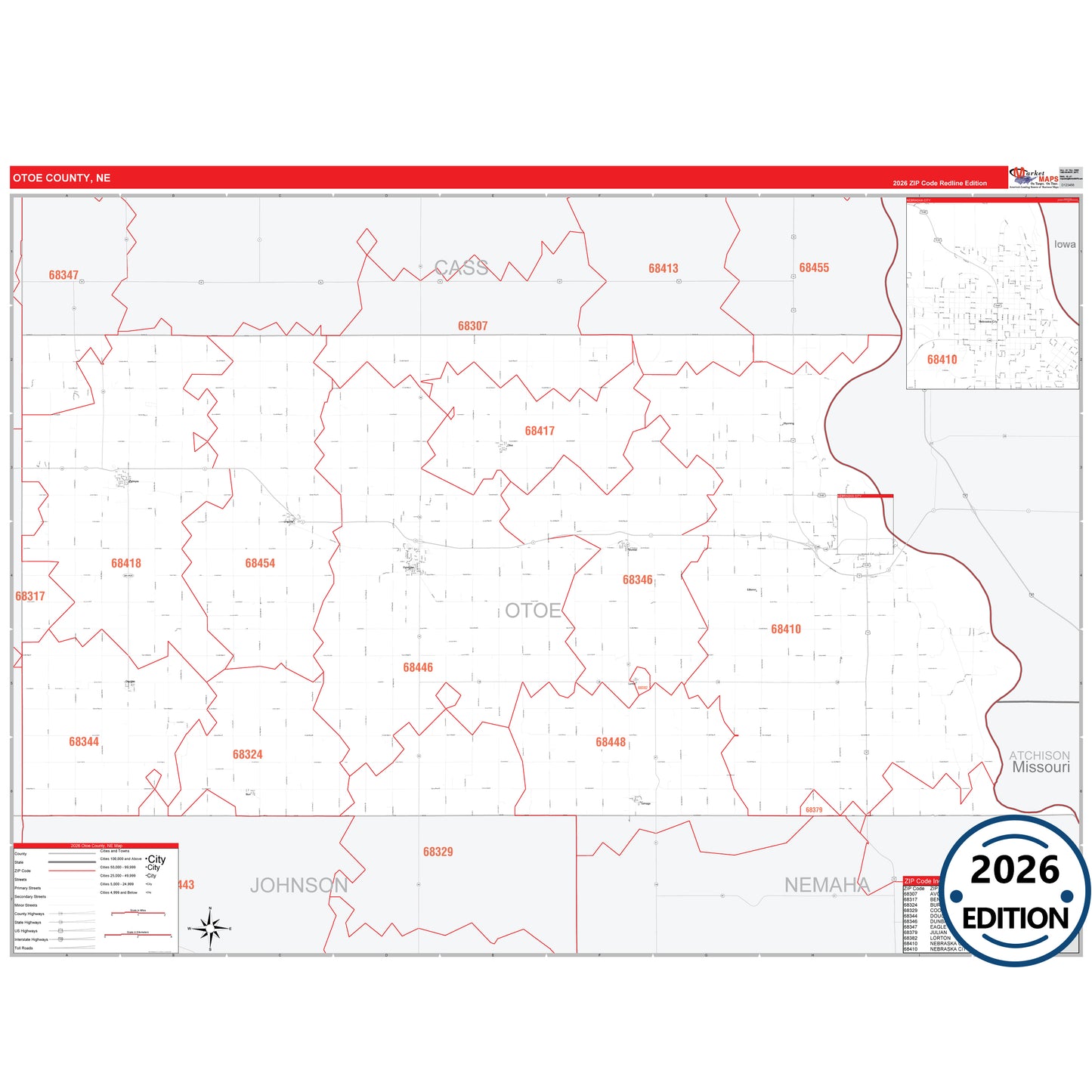Otoe County, NE Red Line 5 Digit ZIP Code Wall Map