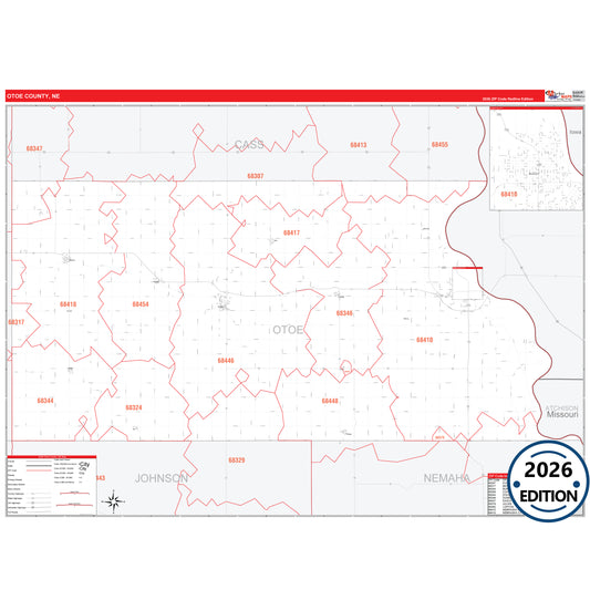 Otoe County, NE Red Line 5 Digit ZIP Code Wall Map
