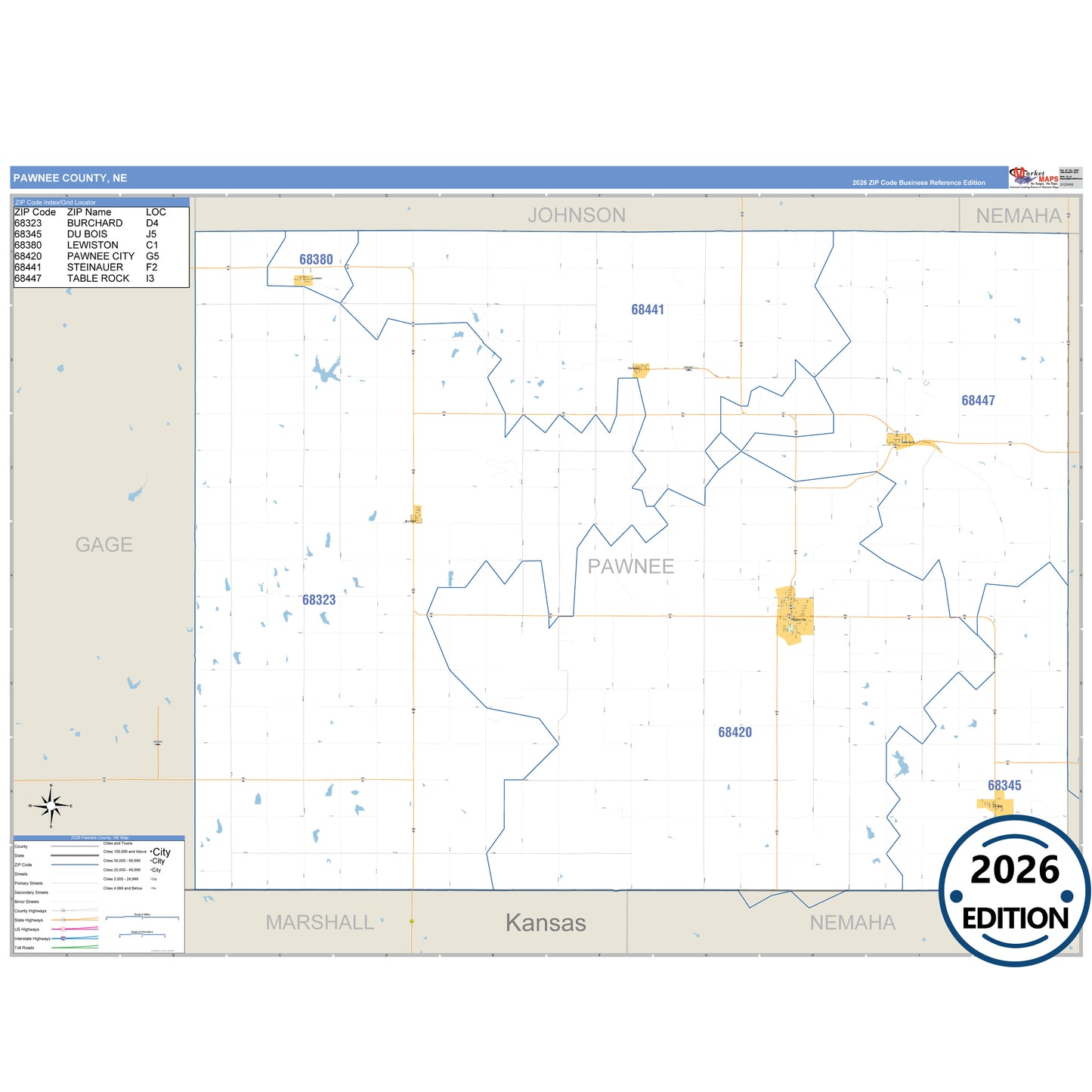Pawnee County, NE Business Reference 5 Digit ZIP Code Wall Map