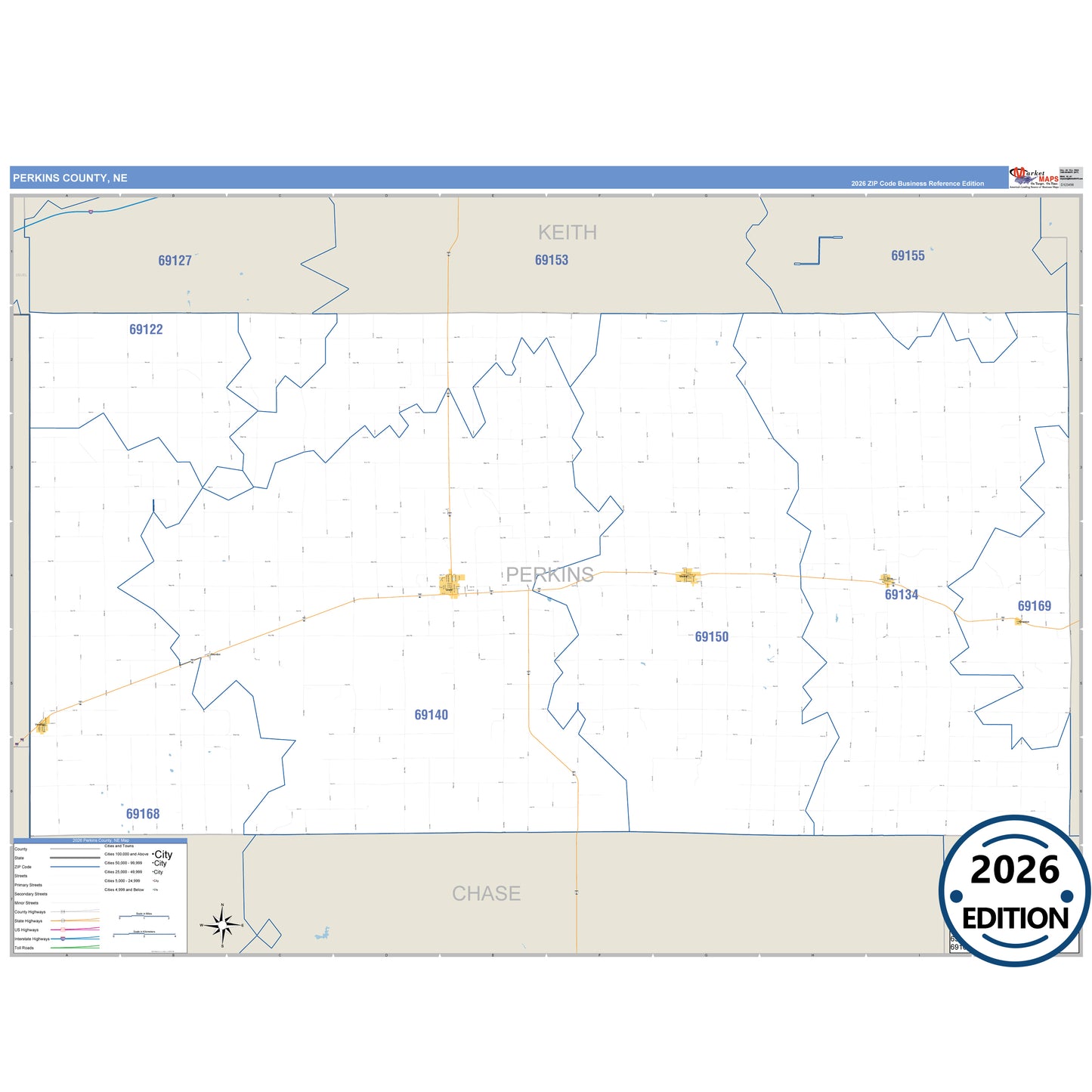 Perkins County, NE Business Reference 5 Digit ZIP Code Wall Map