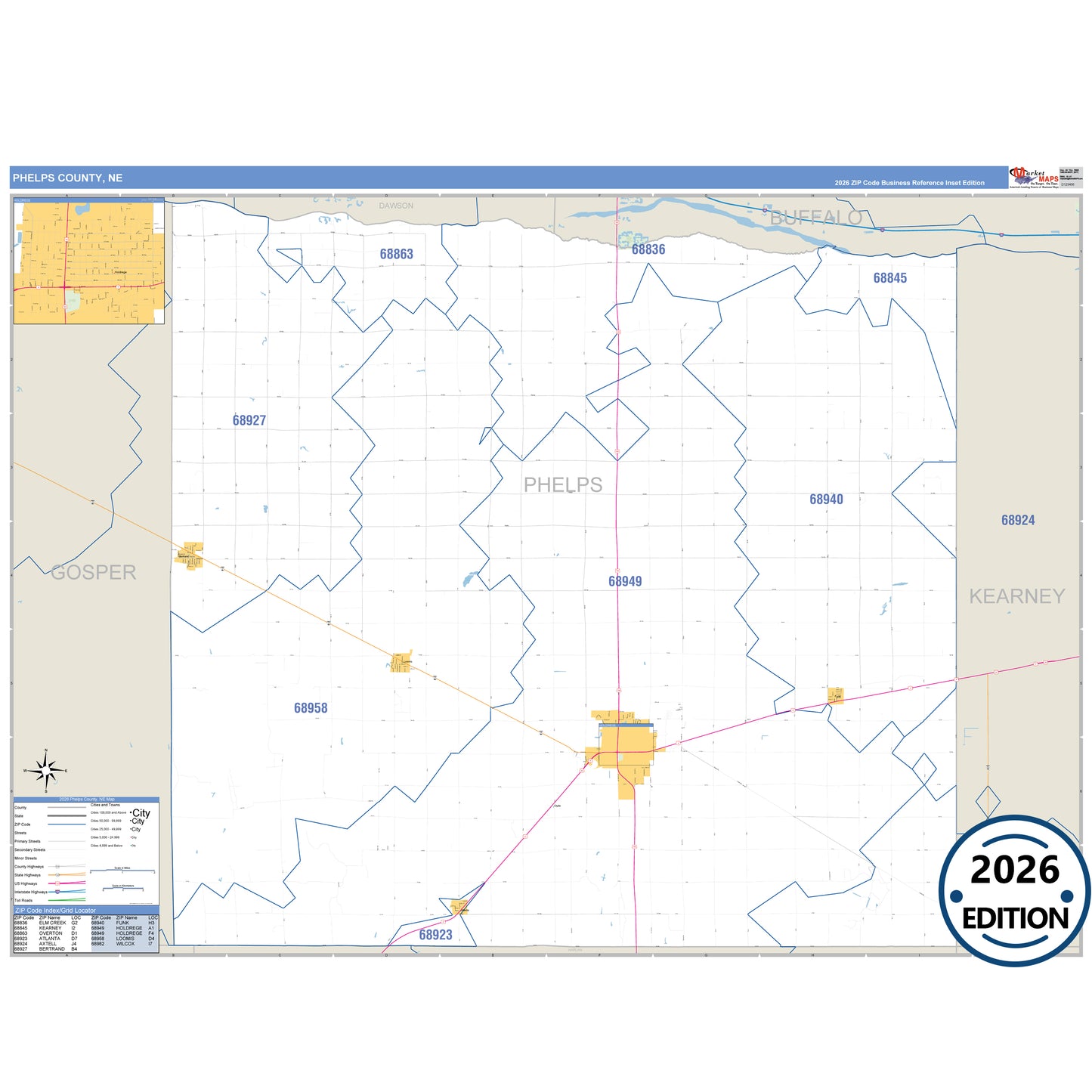 Phelps County, NE Business Reference 5 Digit ZIP Code Wall Map