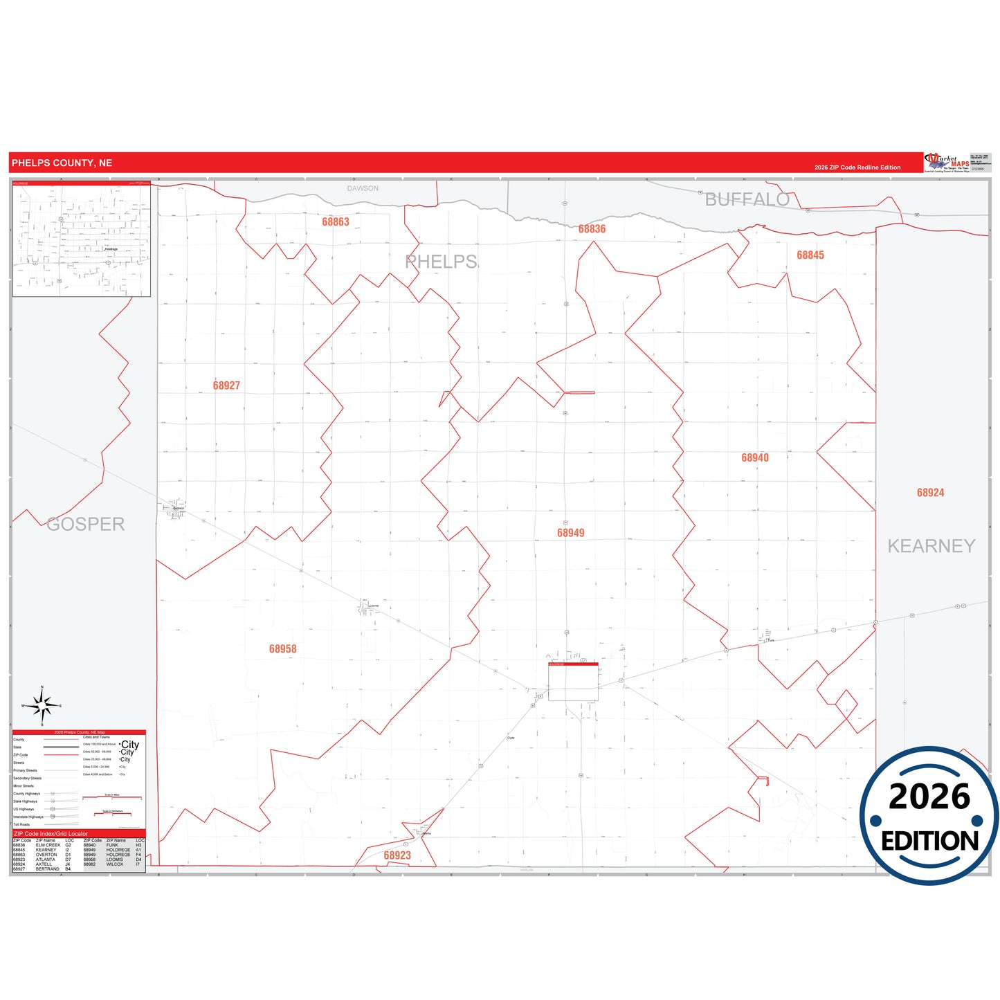 Phelps County, NE Red Line 5 Digit ZIP Code Wall Map