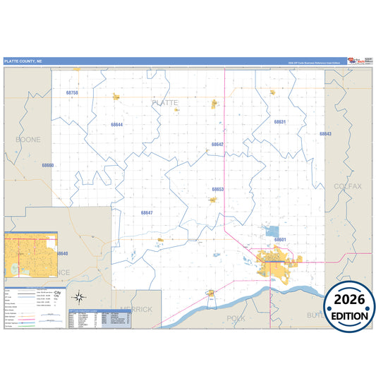 Platte County, NE Business Reference 5 Digit ZIP Code Wall Map