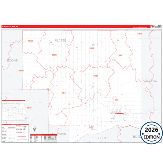 Platte County, NE Red Line 5 Digit ZIP Code Wall Map