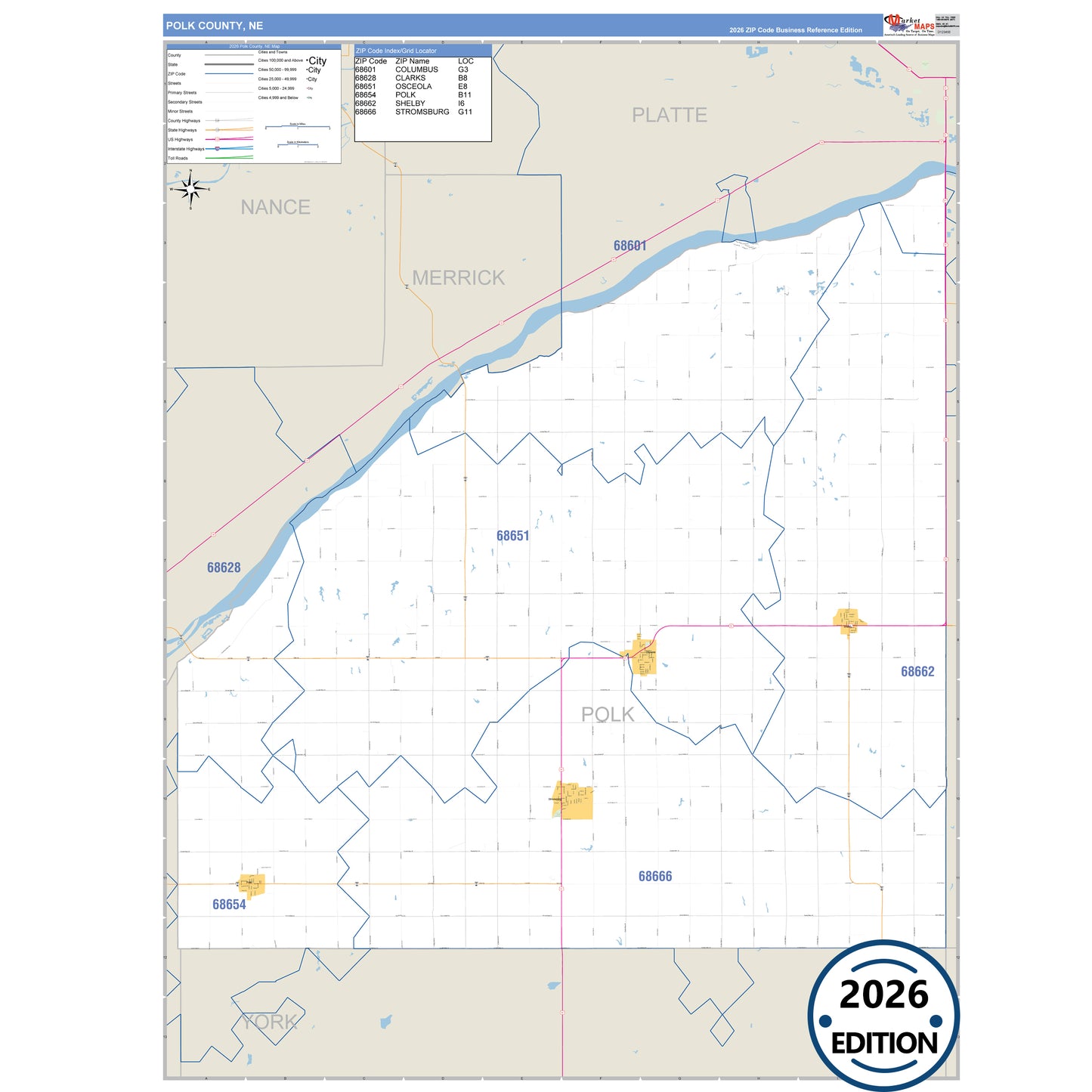 Polk County, NE Business Reference 5 Digit ZIP Code Wall Map