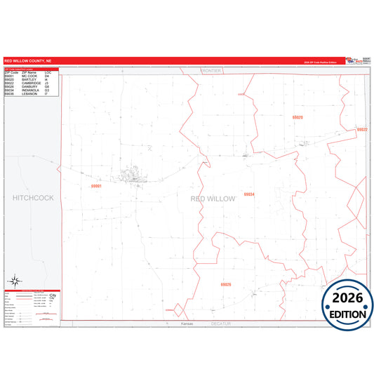 Red Willow County, NE Red Line 5 Digit ZIP Code Wall Map